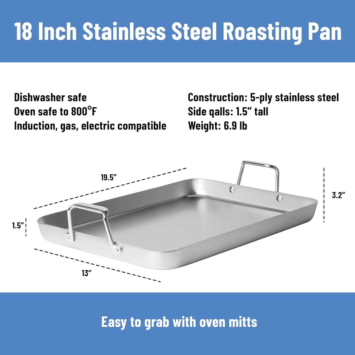 Misen Stainless Steel Roasting Pan with Handles - Versatile 5-Ply Design, Easy Grip Handles, Multi-Functional Cooking, Ideal for Baking, Searing, & Roasting, Superior Heat Conduction, Premium - 18" - Image 7