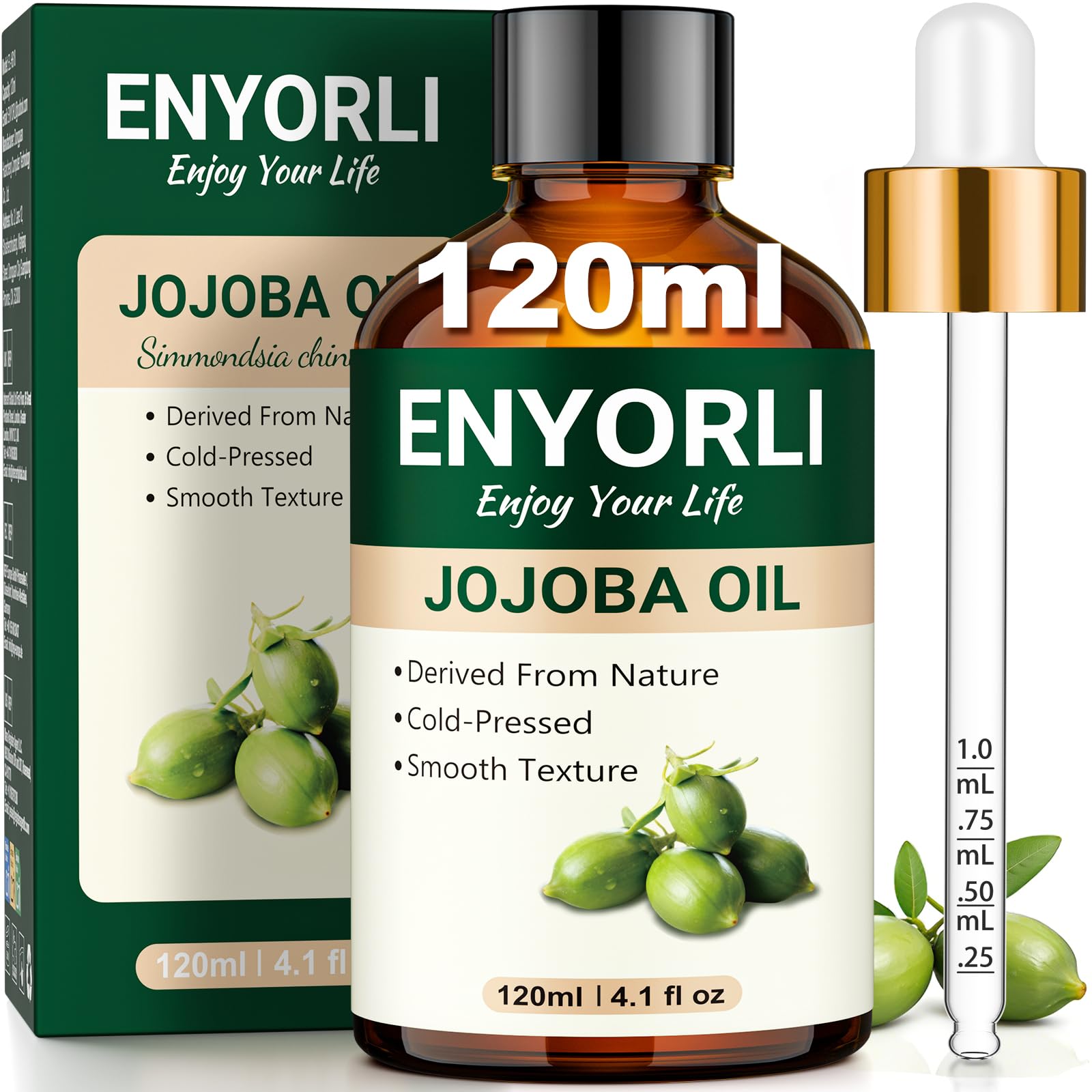 Jojobaöl 120ml Kaltgepresst, Körperöl & Gesichtsöl, Vegan & Hexanfrei | Für Gesicht & Körper, intensive Feuchtigkeitspflege für trockene Haut, kaltgepresst, mit Skala-Pipette & Braunglasflasche