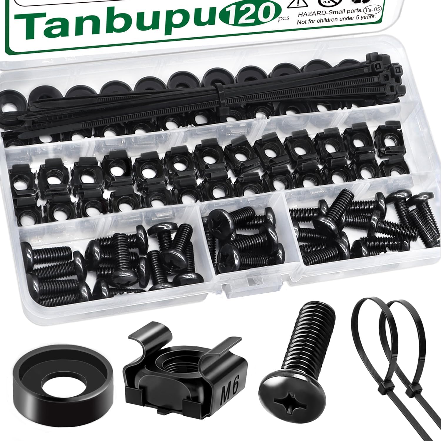 120Pcs M6 x 16mm Rack Mount Cage Nuts, Screws, Washers and Self-Locking Cable Ties, Server Rack Screws and Square Nuts for Rack Mount Server Cabinet, Shelves, Enclosures, Routers