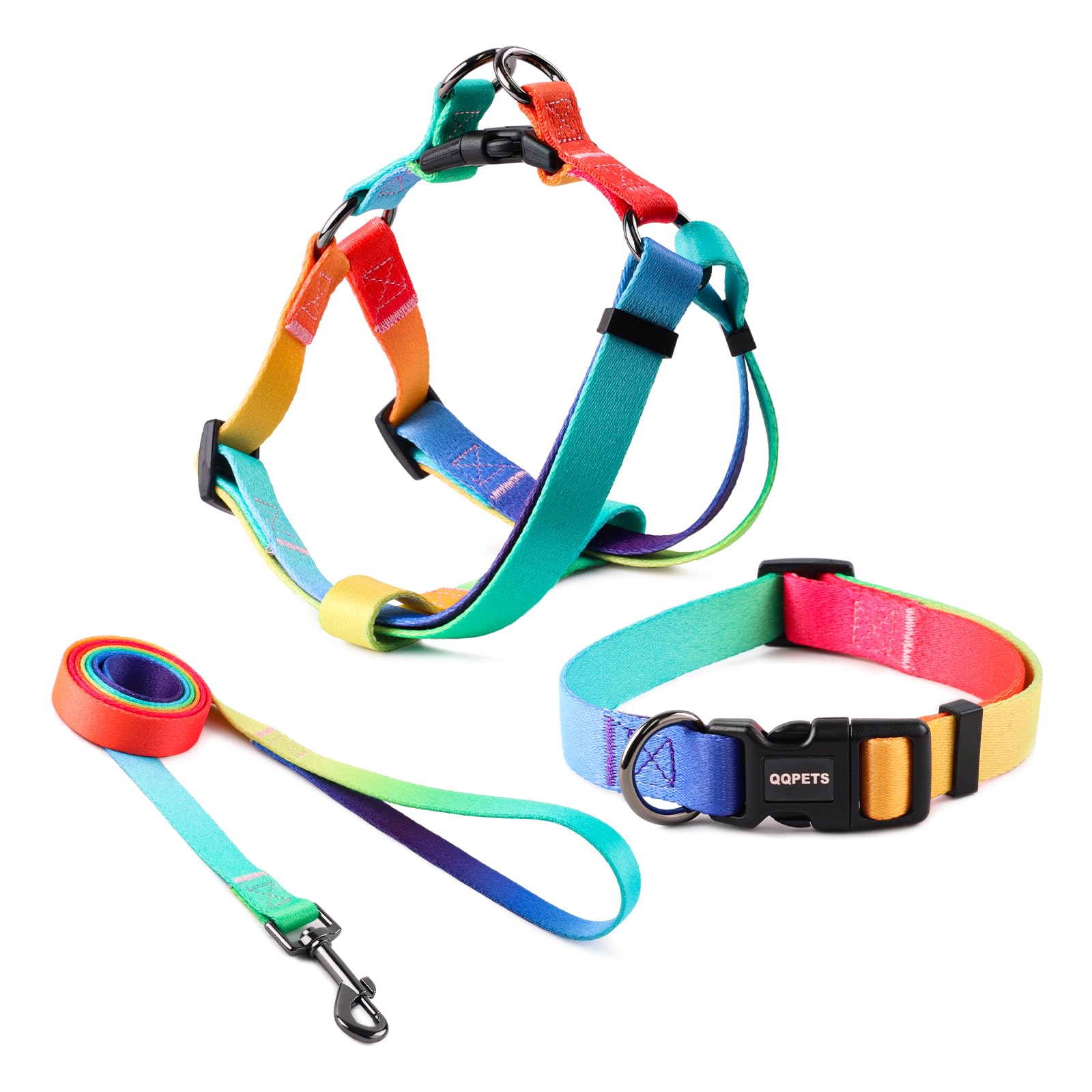 QQPETSDog Harness Collar Leash - No Pull Pet Adjustable Back Clip Halter Basic Collar Heavy Duty 5FT Anti-Twist Leash for Extra Small Puppy Medium Large Breed Training Easy Walk(XS,MultiRainbow)