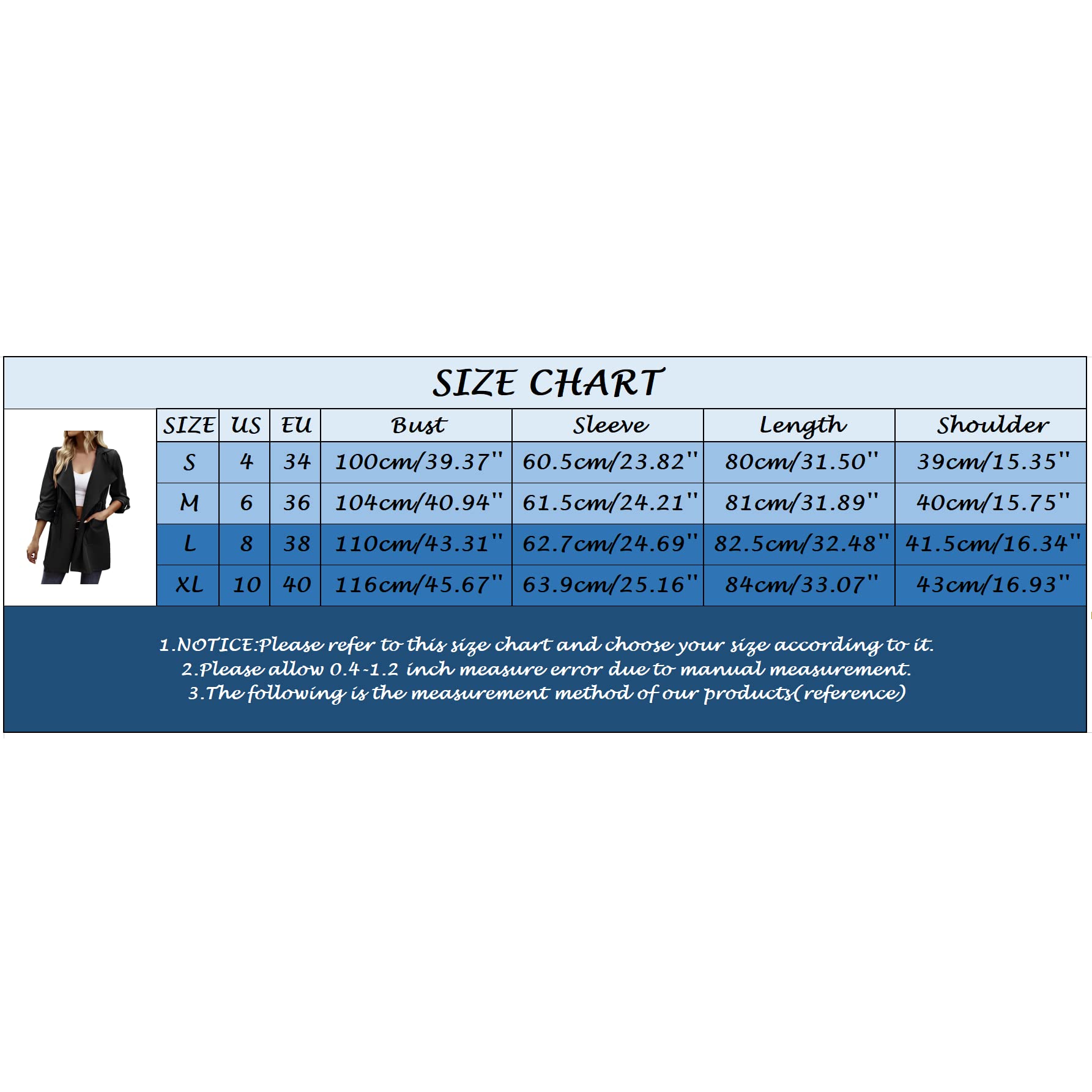 Generisch Giacca invernale da donna con coulisse, stile classico, scollo a V, cappotto sottile con trench senza cappuccio