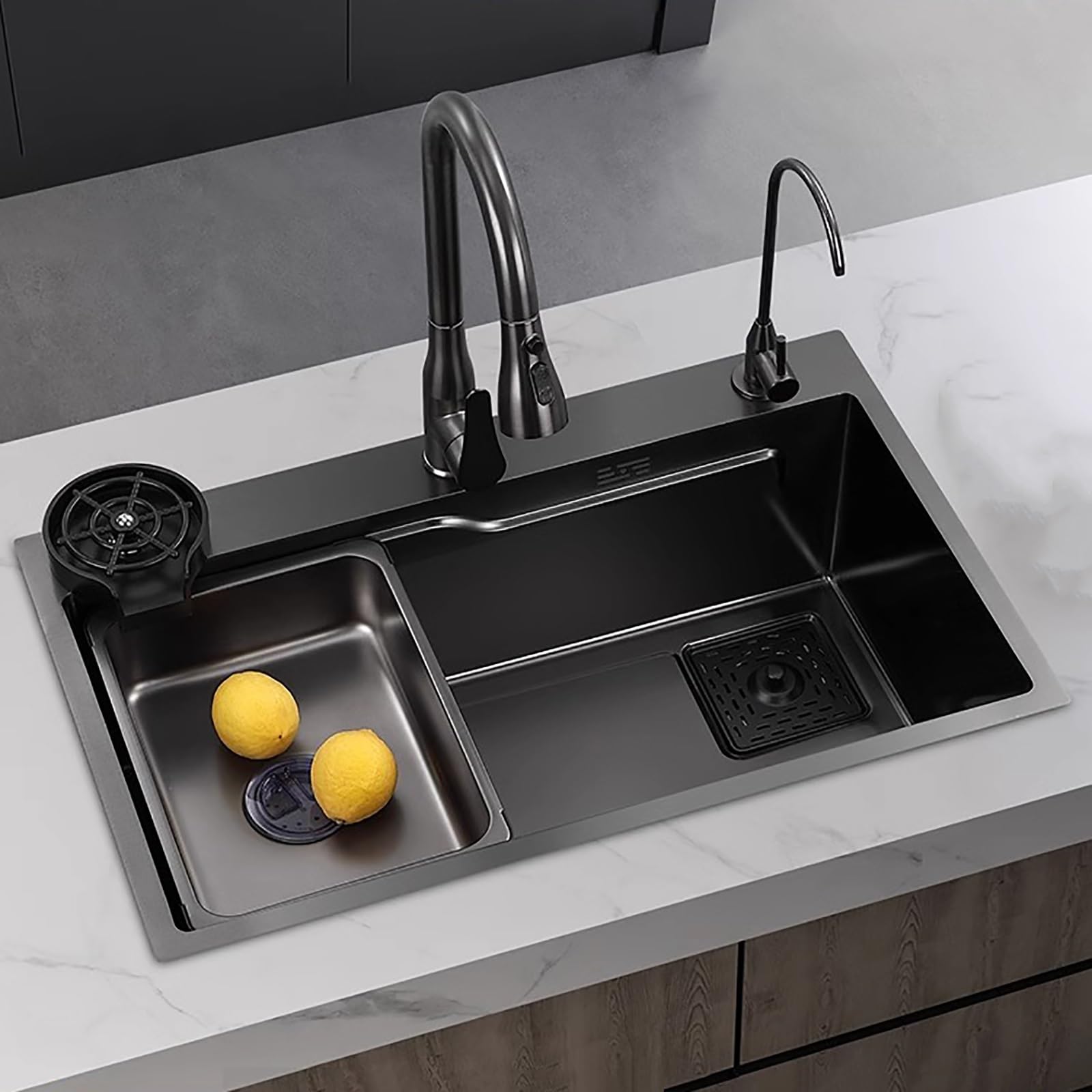 Lavello da cucina a 1 vasca, lavello da cucina in acciaio con rubinetto estraibile, lavaggio a pressione della tazza, for la casa, nero, acciaio inox nano (Size : 72 * 45)