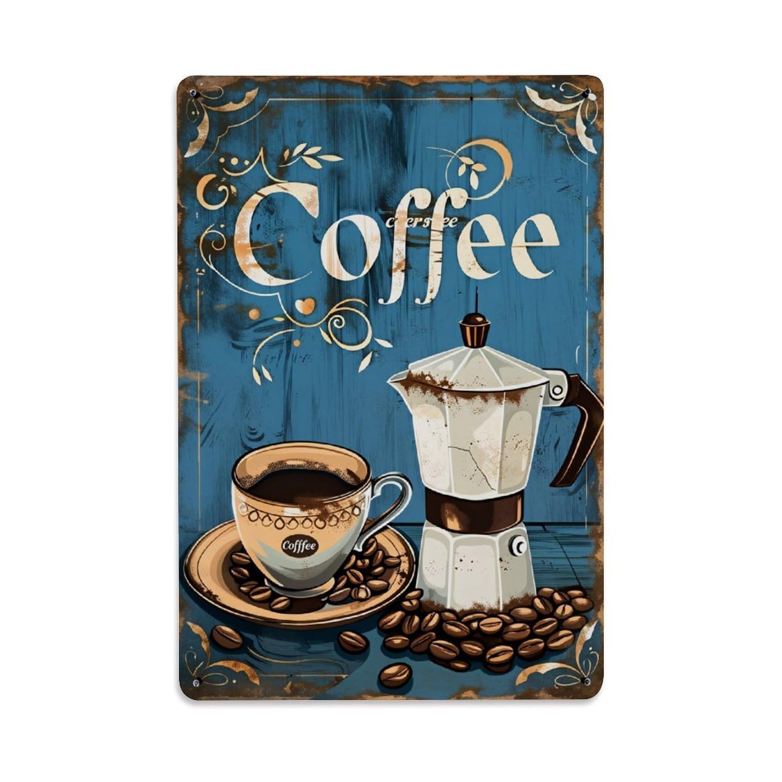 Coffee Cup Moka Beans Vintage Tin Sign Vintage Metal Poster, Home Bar Garage Man Cave Cafe Indoor & Outdoor Wall Decoration 8x12Inches