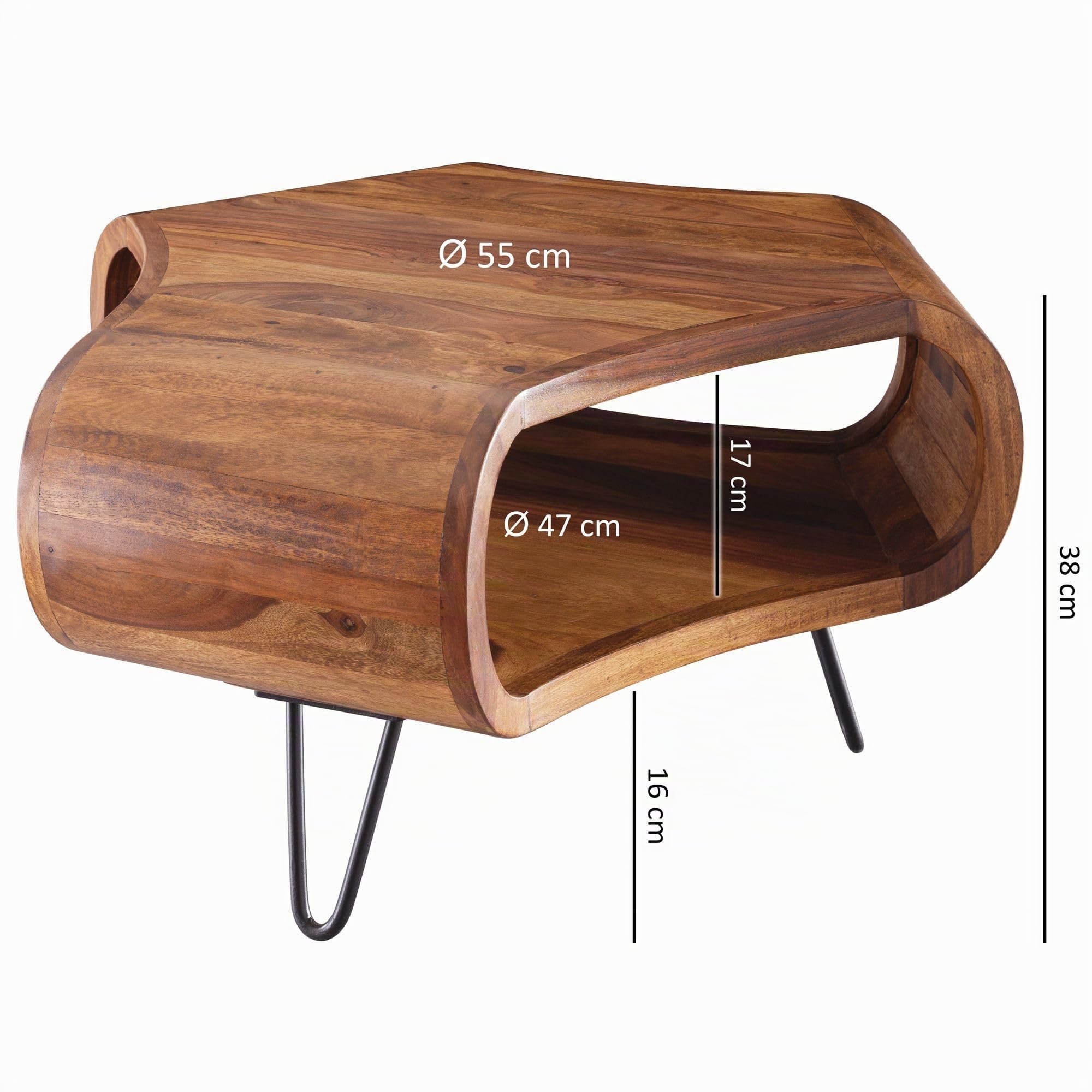FineBuy Mesa de Centro Moderna 55x55x38 cm Madera Maciza de Sheesham | Mesa Auxiliar con Estante para Salón | Mesita Café Pequeña para Sofá | mesa de salón con patas de metal de estilo rústico, pequeña mesa de sofá de madera auténtica, hecha a mano única