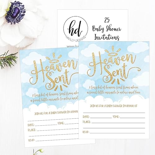Miniatura 4 de Hadley Designs 25 invitaciones para baby shower, diseño de ángel celestial impreso en inglés "Heaven Heaven Sent Clouds", lindo ángel celestial