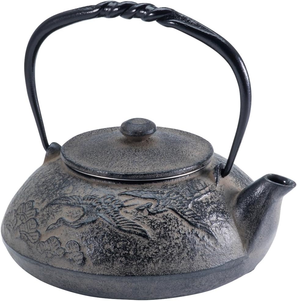 Ikenaga IronWorks Iron Teapot, 0.2 gal (0.55 L), Nanbu Ironware Pine Cranes, Made in Japan