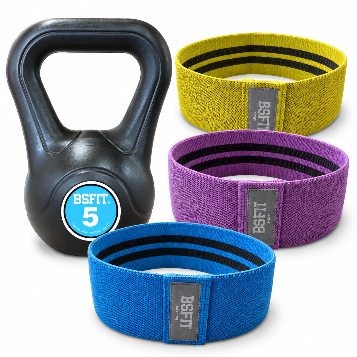 Kit Kettlebell BSFIT con Bandas Circulares de Resistencia – Pesa Rusa Antideslizante con Hip Bands Textiles para Glúteos, Piernas, Fitness, Cross Training y Entrenamiento en Casa