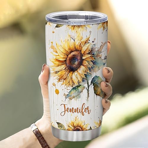 Miniatura 5 de Hyturtle Regalos personalizados para los amantes del girasol, cumpleaños o Navidad, vaso de acero inoxidable con nombre personalizado de 20 onzas