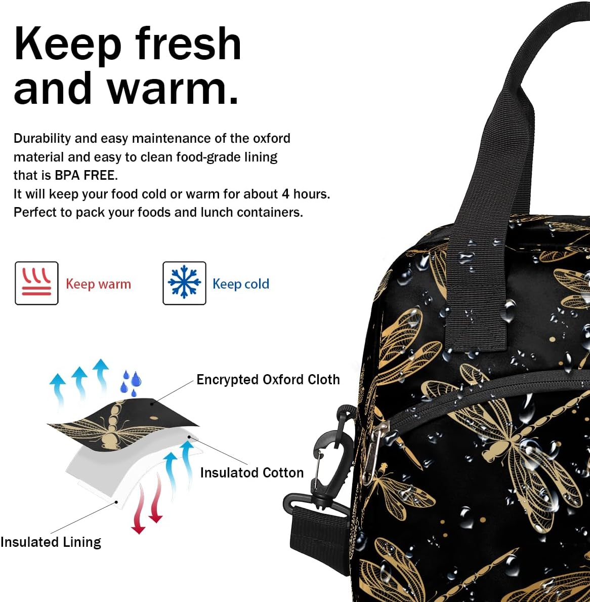 Animal Black Dragonfly Lunch Bag for Women Men Dragonfly Yellow Insulated Large Cooler Box Reusable Meal Prep Bag Waterproof Leakproof Lunch Tote Box for Work Travel Beach Picnic Camping