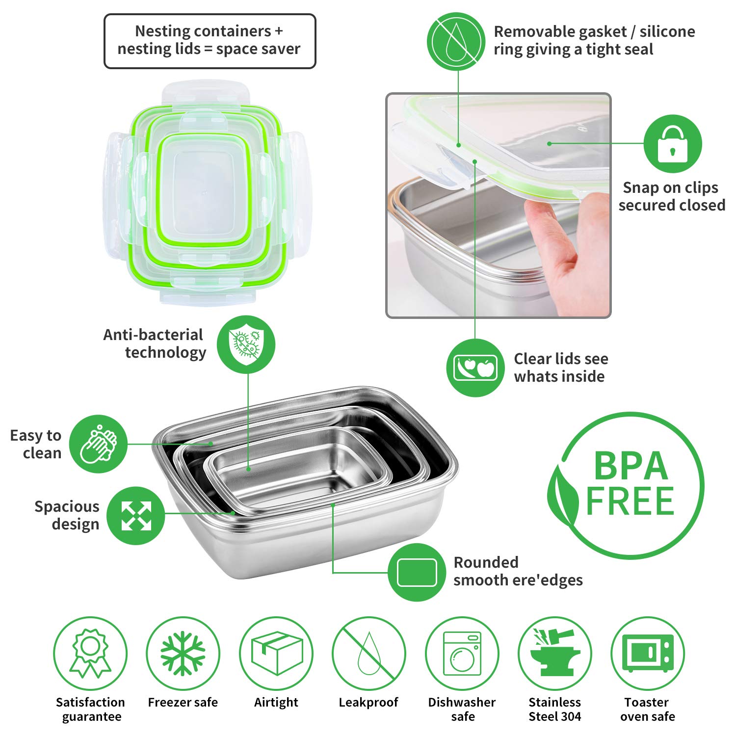 ANDMOON Food Storage Containers, Bento Boxes with Llids set of 3 Airtight & Leak Proof Lunch Stackable lunch Boxes, Stainless Steel Meal Prep Container for Kitchen, Home Use and Travel