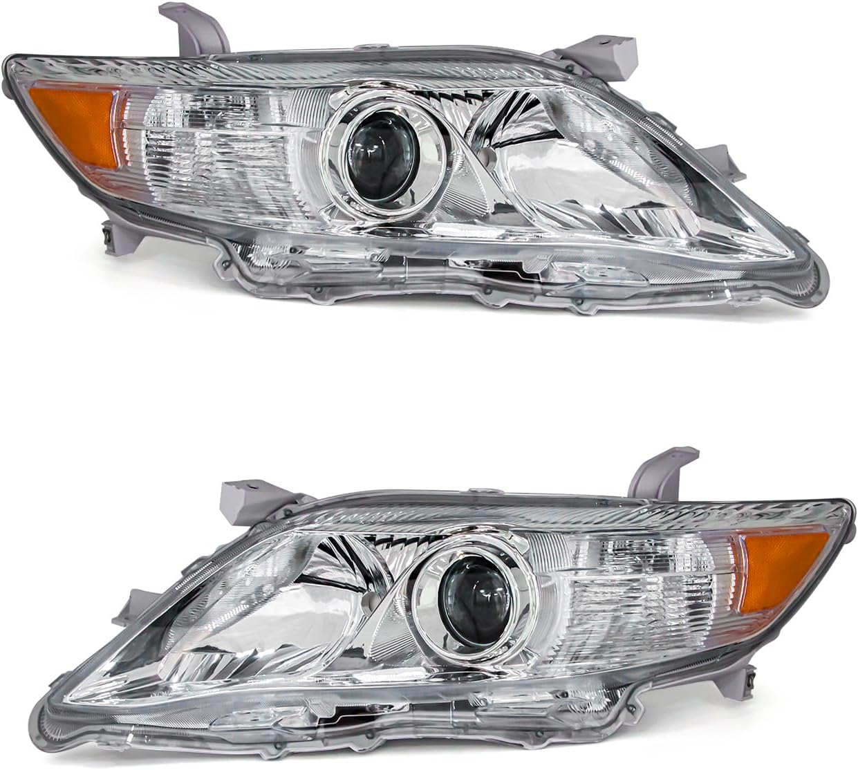 Headlight Assembly Pair for 2010-2011 Toyota Camry Clear Lens Chrome Housing Amber Reflector Left Right W/O Bulbs (US Version Only, Not Fit Hybrid)