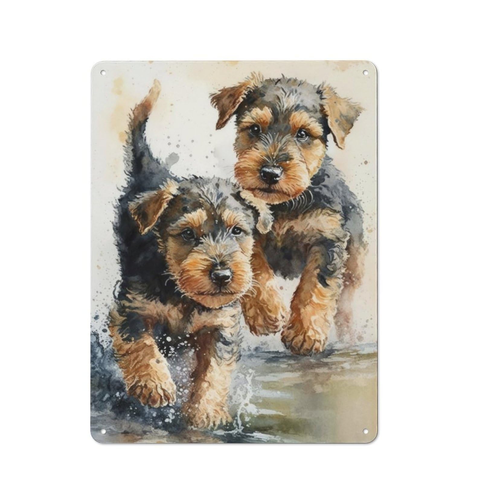 Junmoney 2 Airedale Puppys Playing Metal Plaque 40X30cm With For Garage Wall, Retro Decor, For Garage Decor Collectors Refreshing A Room In Autumn