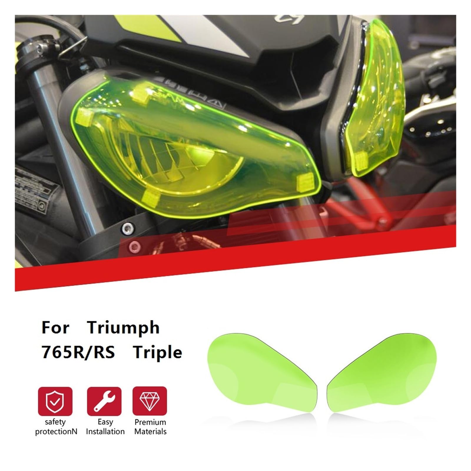 osłona reflektora motocykl Dla Triumph 765R 765RS Potrójna Osłona Reflektora Motocykla, Folia Ochronna Zmieniająca Kolor, Soczewka Reflektora metalowy retro grill(Yellow)