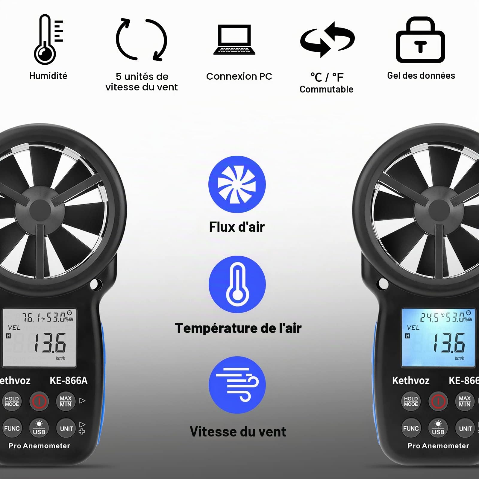 Kethvoz VMC Anémomètre Portable avec Thermomètre pour Mesure la vent vitesse debit d air VMC, Humidité, Température pour Système de collecte de poussière CVC, KE-866A