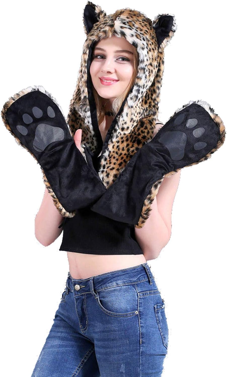 FHQHTH Faux Fur Animal Hood 3 in 1 Scarf Gloves Hat with Paws and Ears for Women Furry Wolf Cosplay Costume