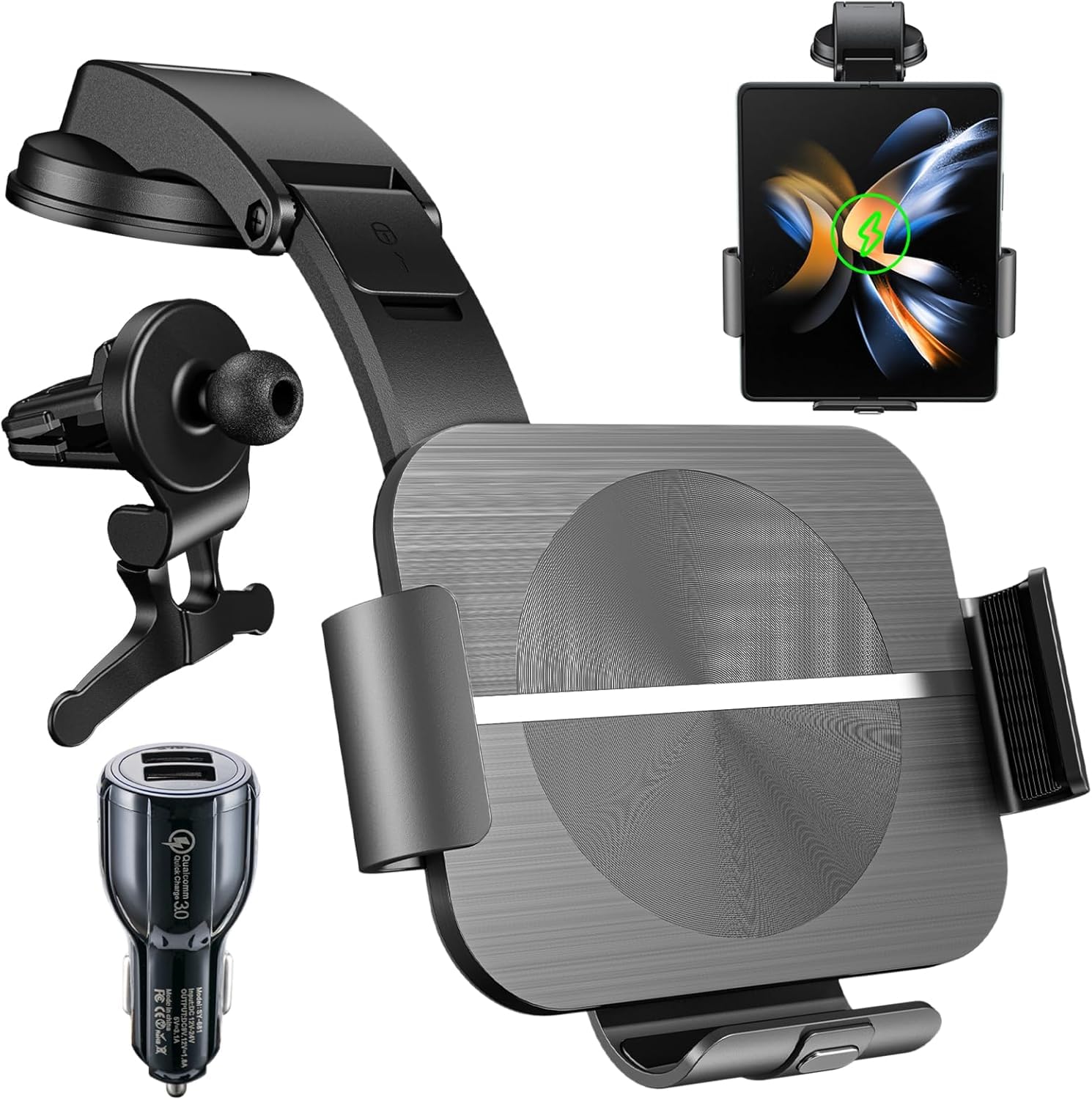 Dual Coils - Caricatore rapido wireless da auto, 15 W, con funzione di ricarica, per Samsung Galaxy Z Fold 6/5/4/3 USB QC 3.0