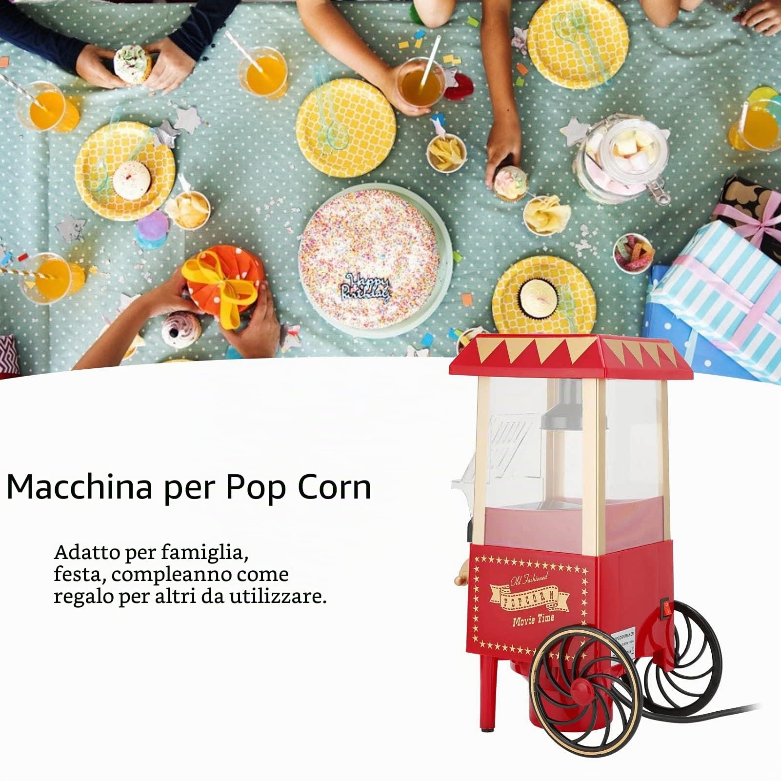 Macchina Automatica per Popcorn Modello Retrò, Macchina per Mais per Uso Domestico per Regalo di Compleanno per Feste Rosso(rosso)
