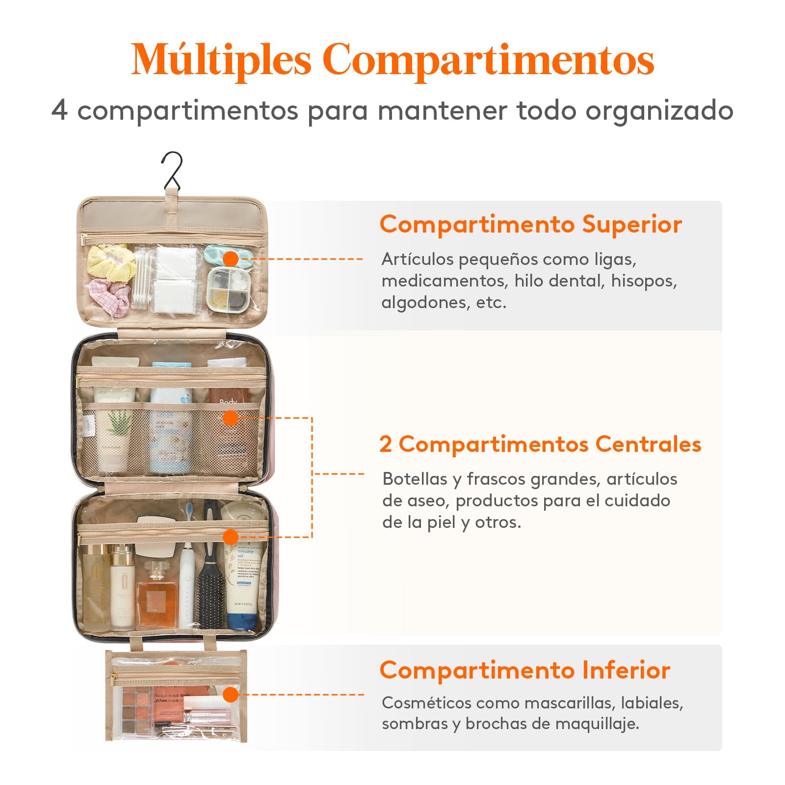 Lifewit Neceser Mujer Viaje, Bolsa de Maquillaje Organizador para Colgar, Grande Bolsas de Aseo con 4 Compartimentos Transparentes, Makeup Bag con Gancho, Grande, Rosa