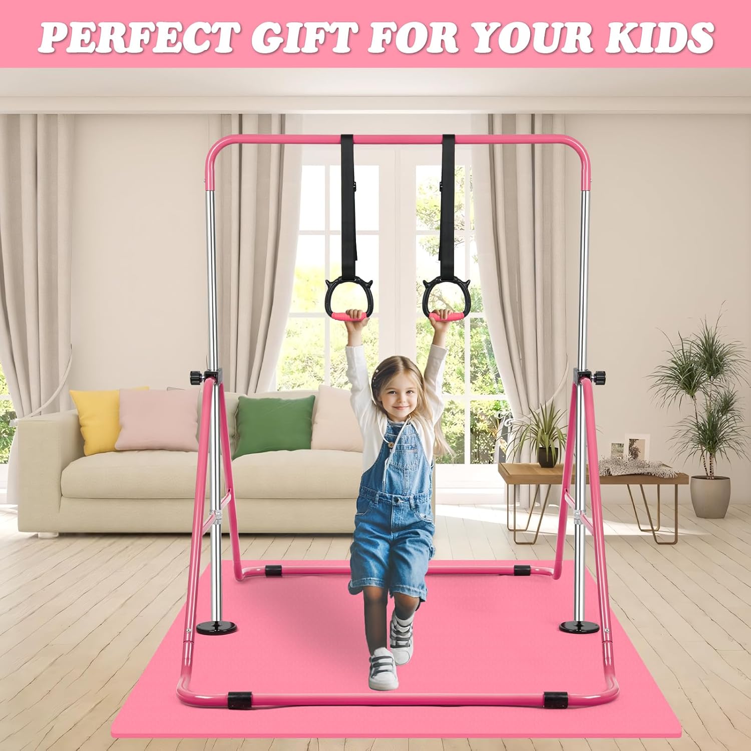 Gymnastics Bar for Kids, Adjustable Height Gymnastic Horizontal Bars, Folding Expandable Gymnastics Equipment Junior Training Kip Bar for Home