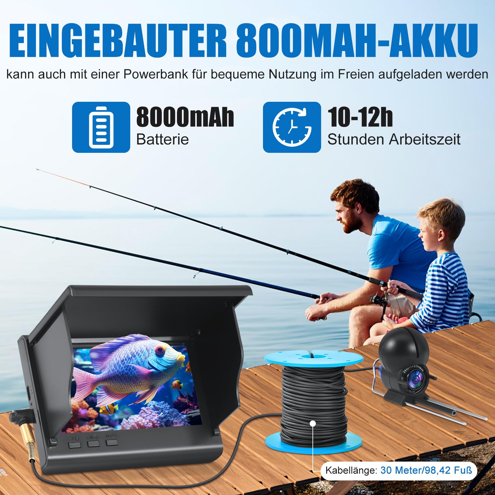Fishfinder Cámara Submarina Pesca, Gran Angular Infrarrojo Visión Nocturna, Cámara Submarina Buscador de Peces con 220° HD Cámara y 30 m de Cable para Todas las Aguas - Cámara de Pesca para Pescadores