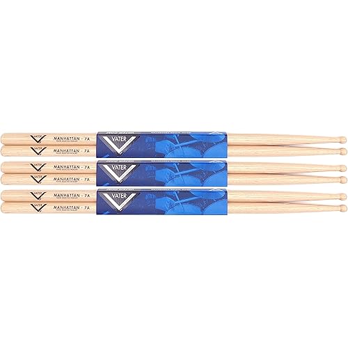 Vater Manhattan 7A Wood Tip Hickory Drum Sticks, 3 Pair (VS3P7AW)
