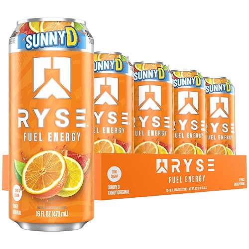 RYSE Fuel Energy Drink  Energía para llevar  0 azúcares  0 calorías  Vegana  200 mg de cafeína  Paquete de 12 (Sunny D Tangy Original)