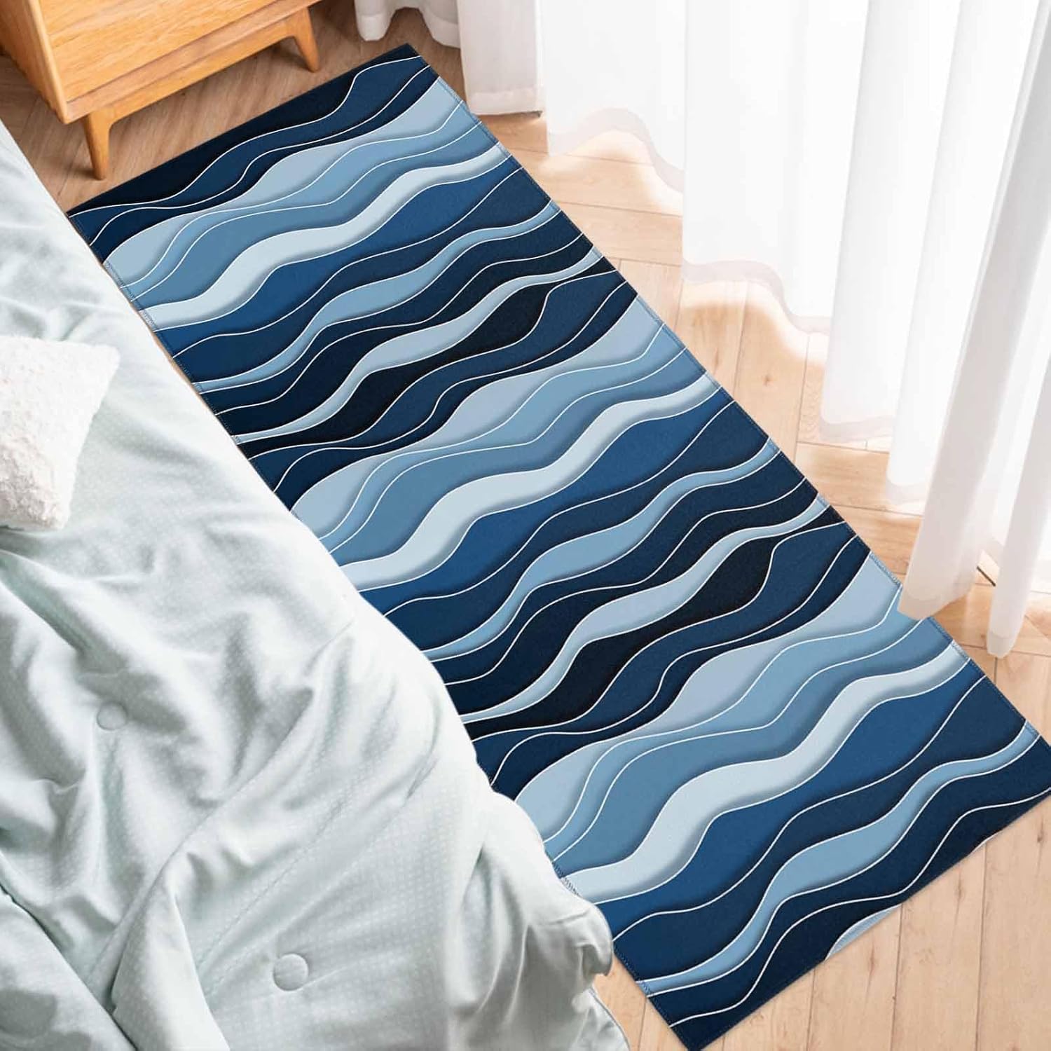 2 Pieces Kitchen Rugs and Mats,Modern Blue Gradient Wave Area Runner Rug Set Non Slip Floor Doormat Washable Carpet Standing Mat for Kitchen Sink Indoor Corridor,Abstract Country Farmhouse Stripe