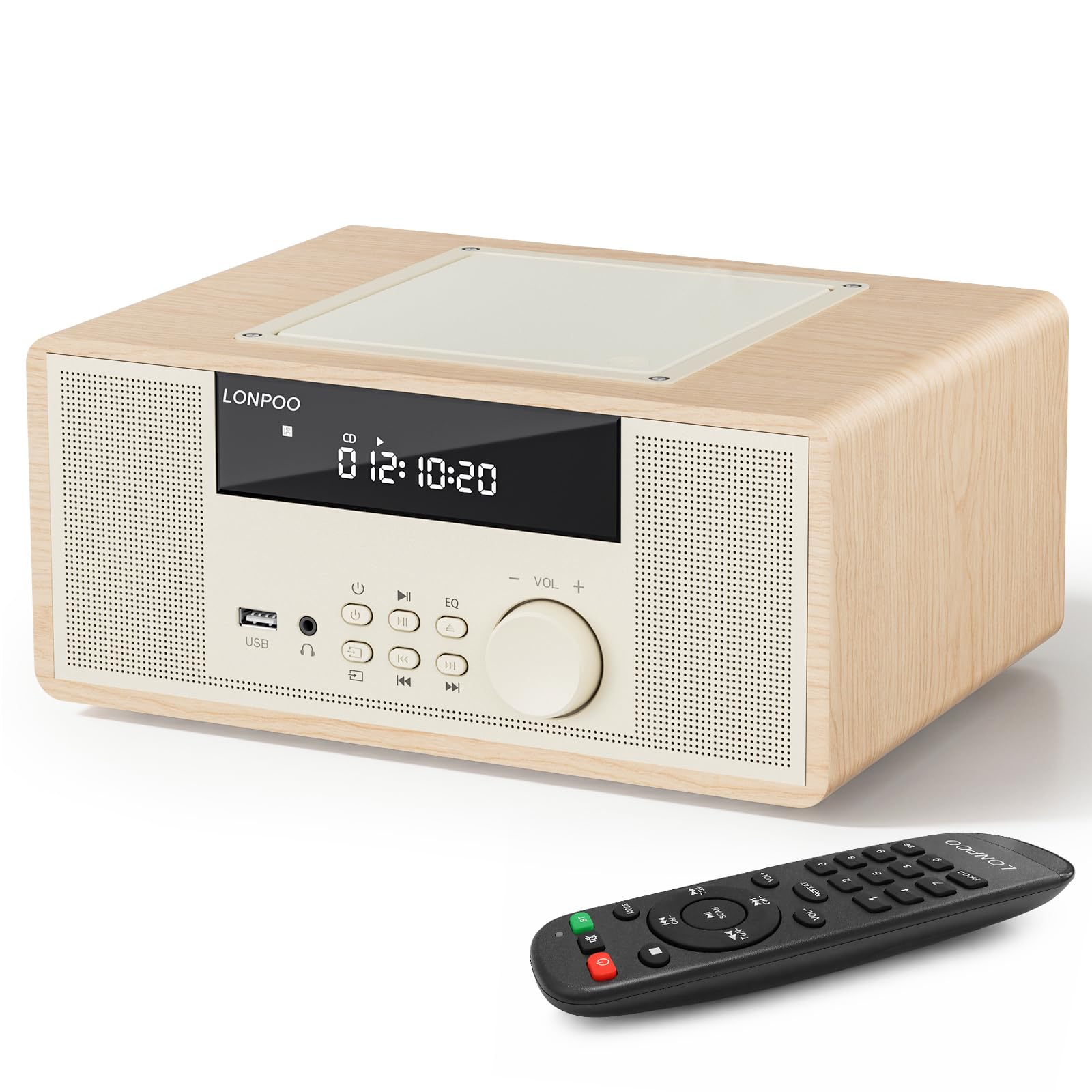 LONPOO Kompaktanlage 30W Retro-CD-Stereoanlage mit CD-Player | Bluetooth, UKW-Radio, AUX-Eingang, USB, Kopfhörerausgang, DSP-Technologie, klassisches Holzdesign, Fernbedienung (LP-818Y)