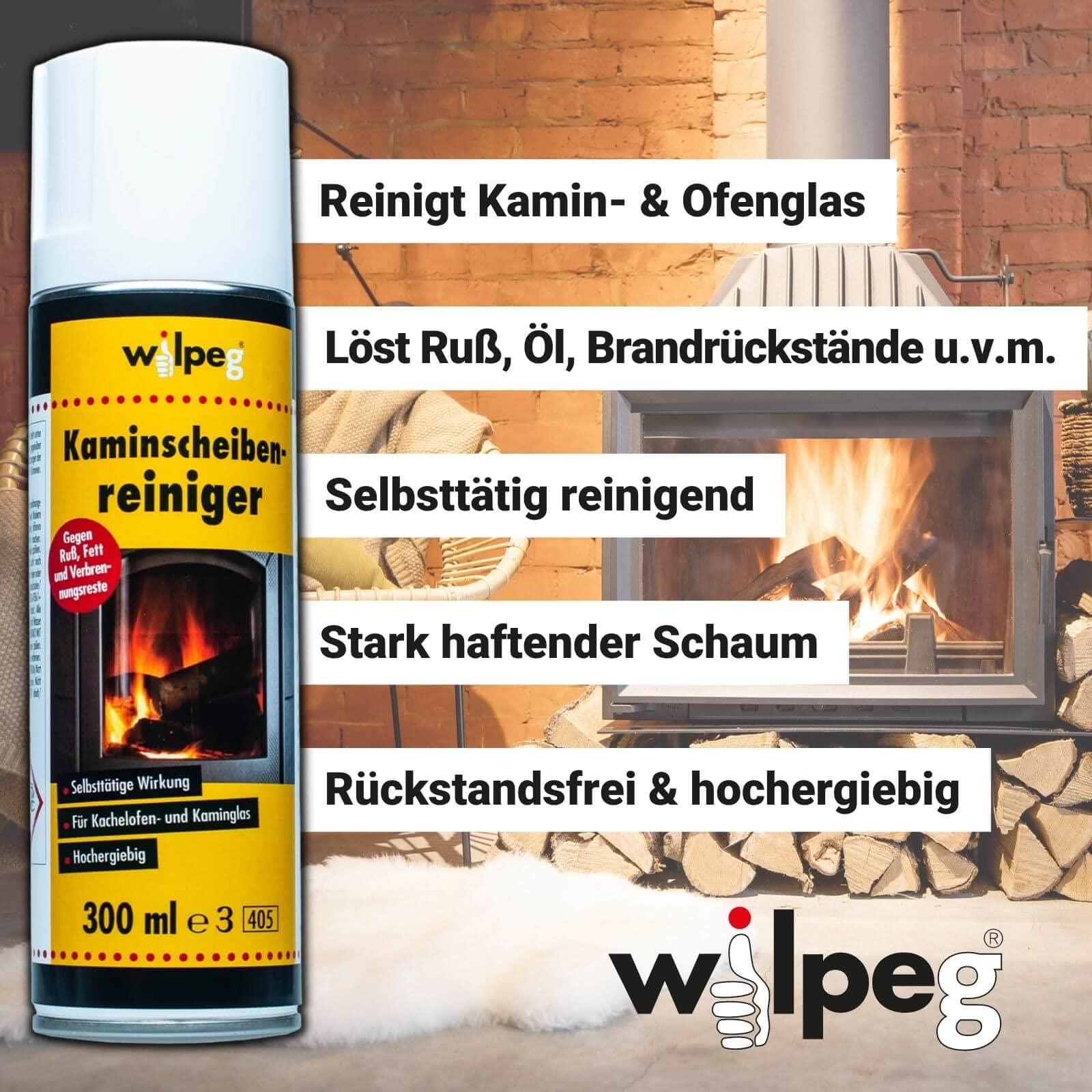 WILPEG Kaminscheibenreiniger 12er Set | 300ml Aktivschaum gegen Ruß & Fett | Glasreiniger für Kamin, Ofen oder Grill | Kraftvolle Reinigung von Metall & Kunststoff | 10 m² Reichweite pro Sprühdose
