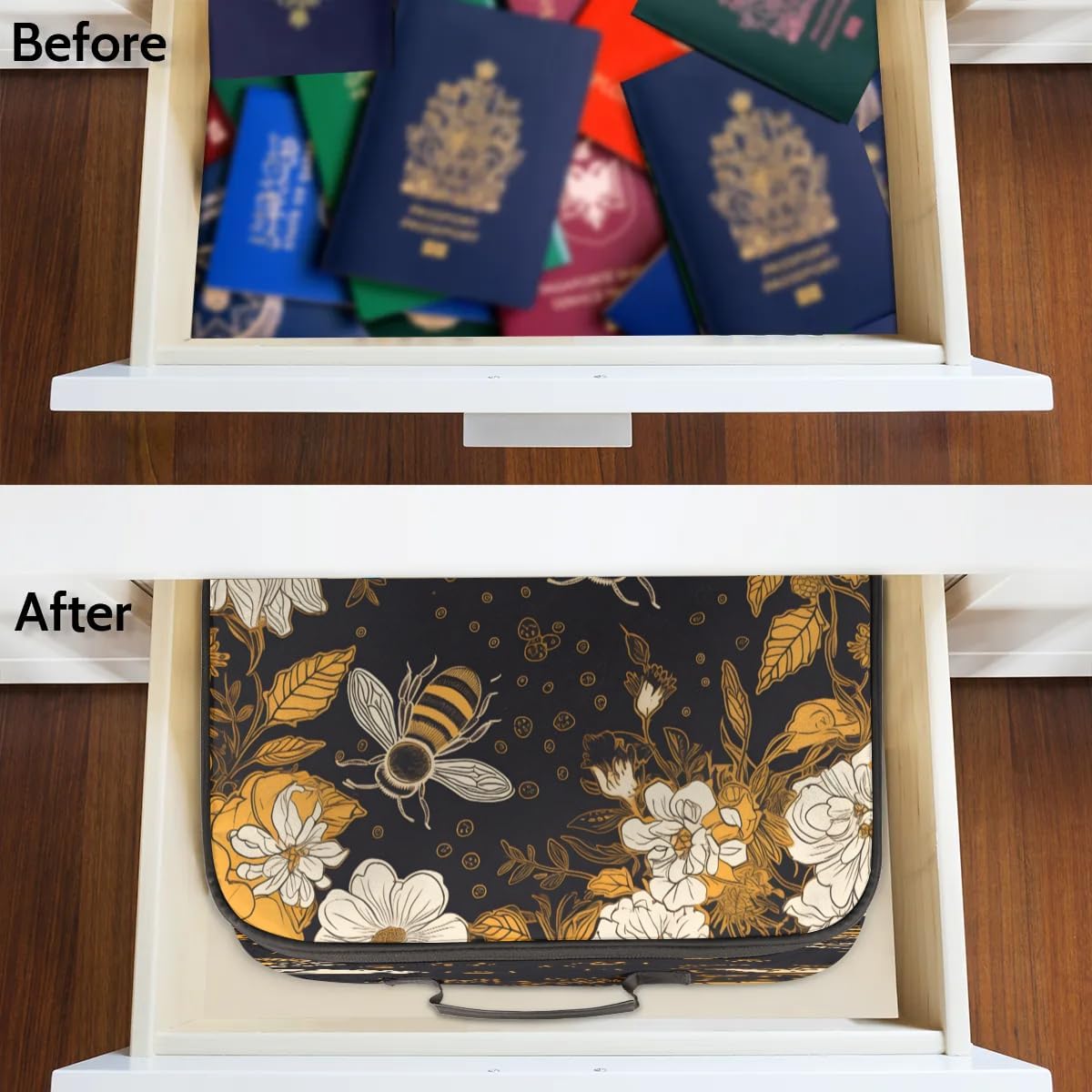 File Organizer Bees Flowers Theme Document Organizer with Handle Portable File Organizer Bag Home Travel Storage Bags for Files Laptop Certificates