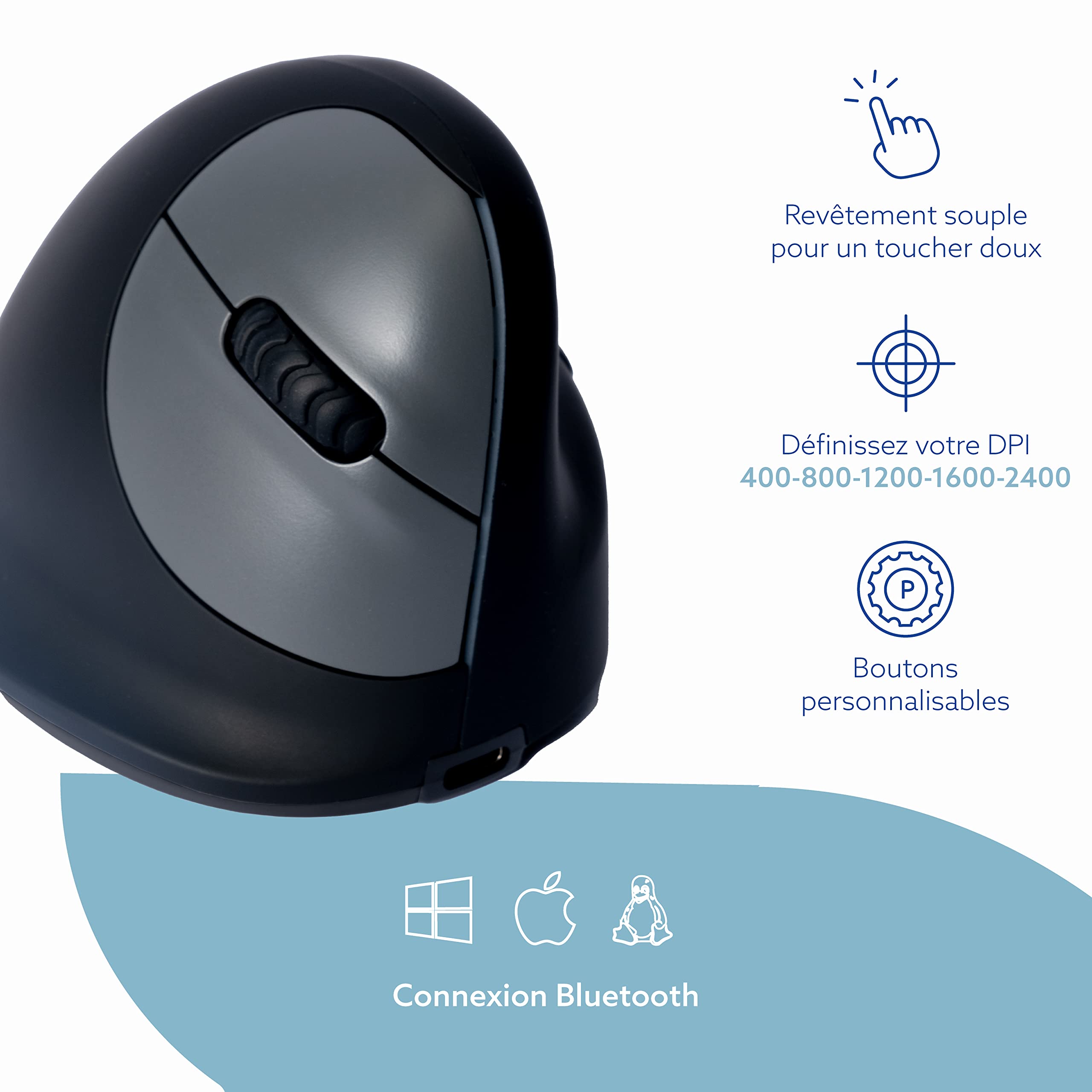 R-Go HE Souris Ergonomique sans Fil, Bluetooth 5.0, Clic Silencieuse, avec indicateur de Pause, Anti-Tendinite, Souris Verticale Rechargeable, 2400 DPI réglable et 5 Boutons, Noir