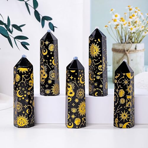 Miniatura 3 de Runyangshi 1 pieza de obsidiana de cristal natural de 3.54 a 3.94 libras de torre hexagonal dorada arenada estrella, luna y sol, patrón de una sola