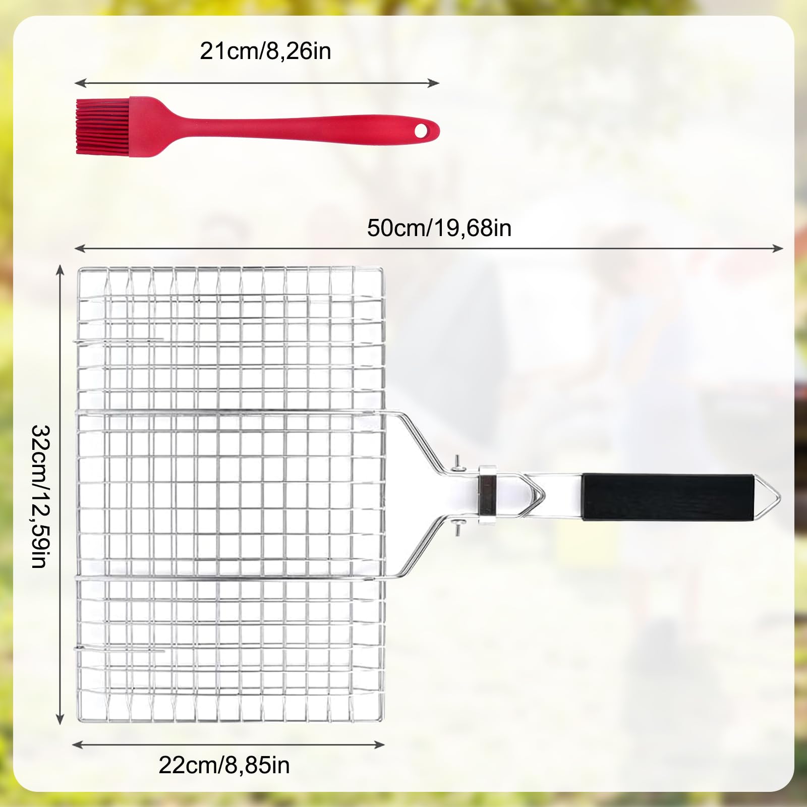 Panier de Barbecue Pliable 32 x 22 cm Acier Inoxydable avec 2 Brosses Silicone pour Poisson Crevettes Légumes Steak