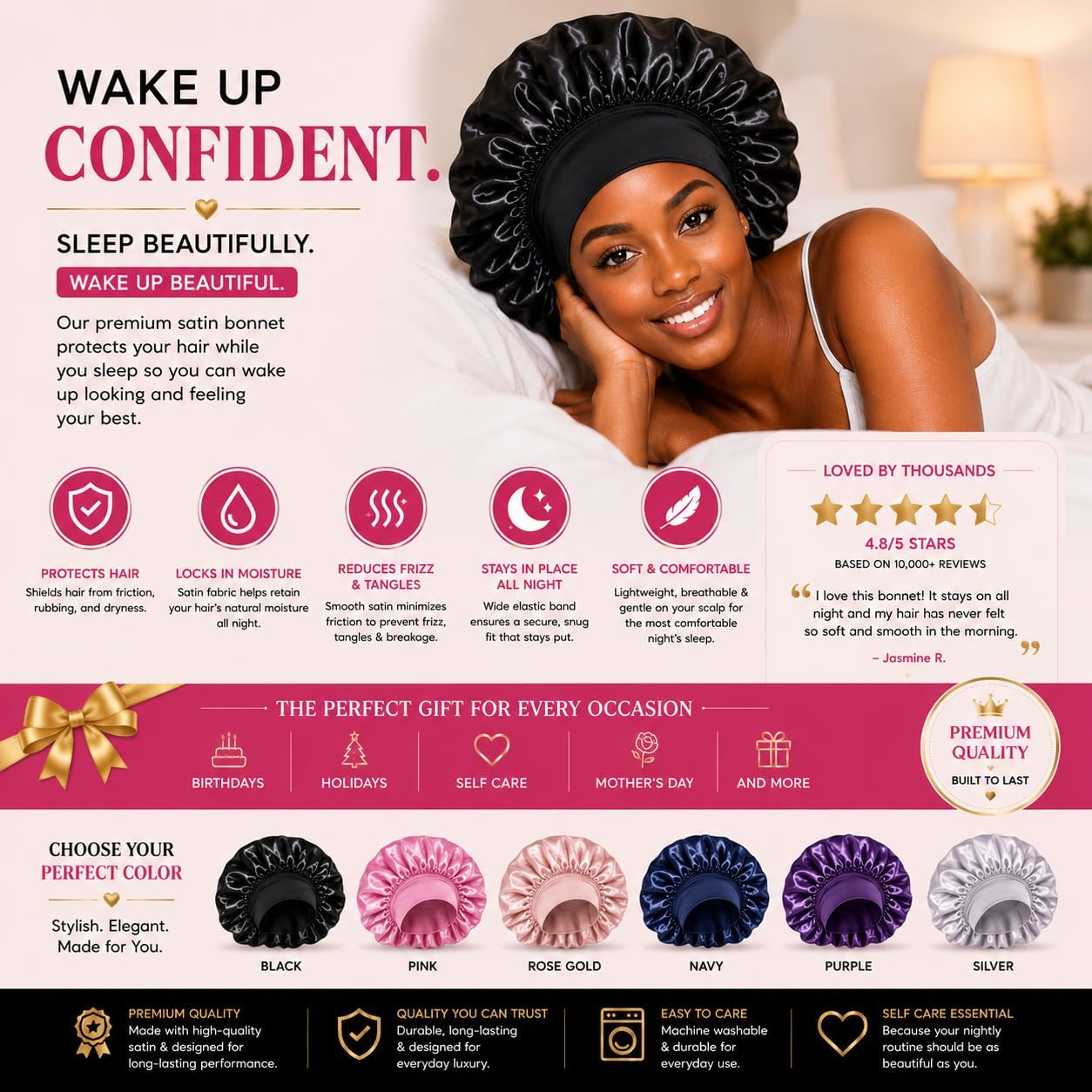 Luxury Satin Bonnet for Sleeping Women, Frizz-Free Hair Protection