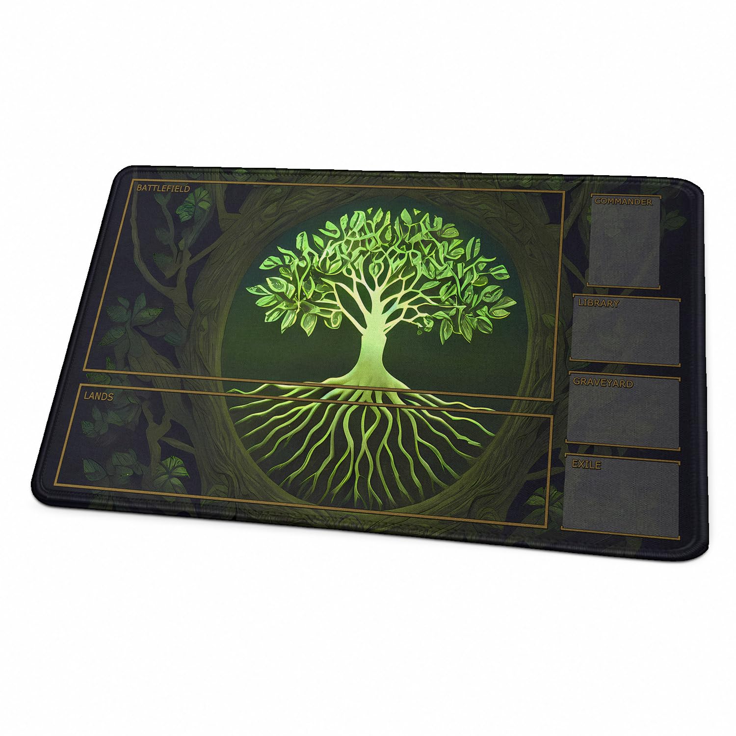 MTG Playmat, Fantasy Forest Landscape TCG Game Mat with Zones, 24 x 14 Inch HD Dense Fine Weave Surface, Non‑Slip Rubber Backing With Storage Bag for Card Games (Life Tree With Zones) — image 1