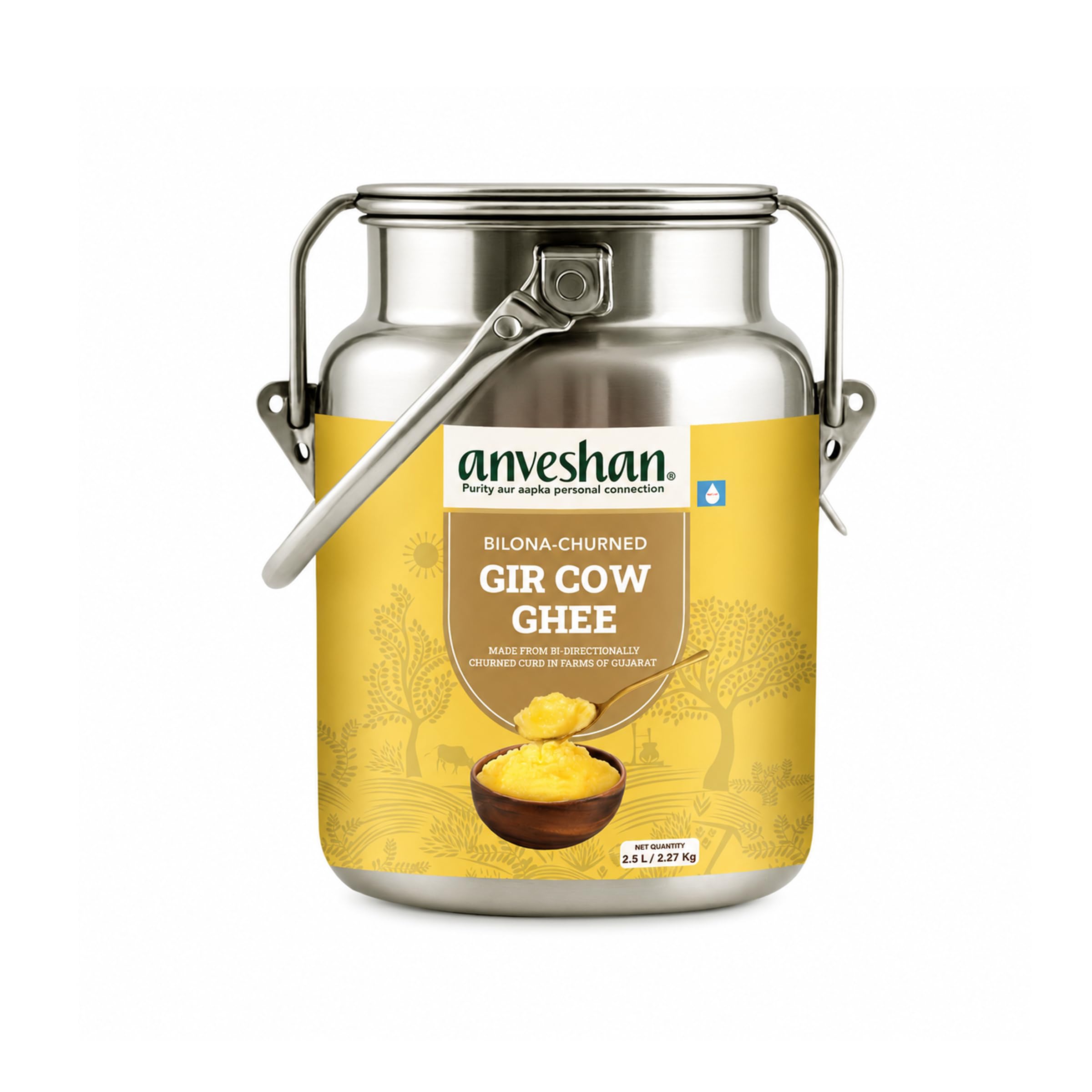 Anveshan A2 Gir Cow Ghee - 2.5L Dolchi | Traditional Bilona Method | Curd- Churned | Cultured | Pure and Nutural | Lactose and Gluten Free | Lab Tested