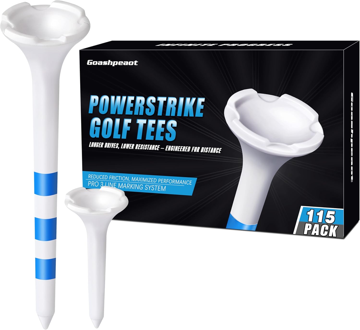 Golf Tees – 115 Pack, 3-1/4" & 1-1/2" Mixed Sizes, 4-Prong Low Resistance Design, Oversized Head, 3-Line Height Marking System, Strong Plastic Golf Tees