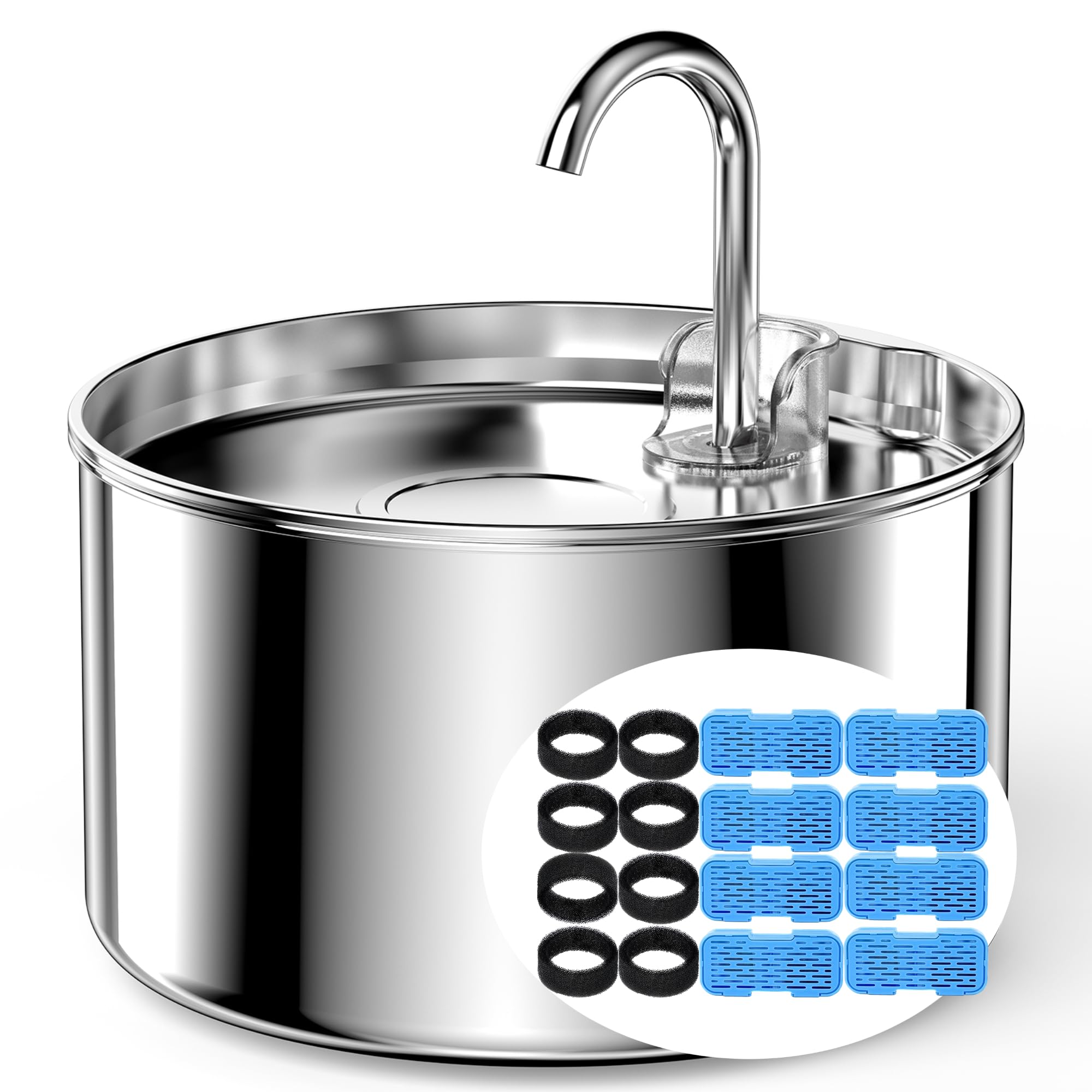 Cat Water Fountain Stainless Steel + 8 filters + 8 Sponges - Pet Water Fountains Faucet Metal Automatic Cat/Dog Waterer Bowls Pets Watering Running Bottle Water Dispenser for Drinking Ultra Quiet Pump