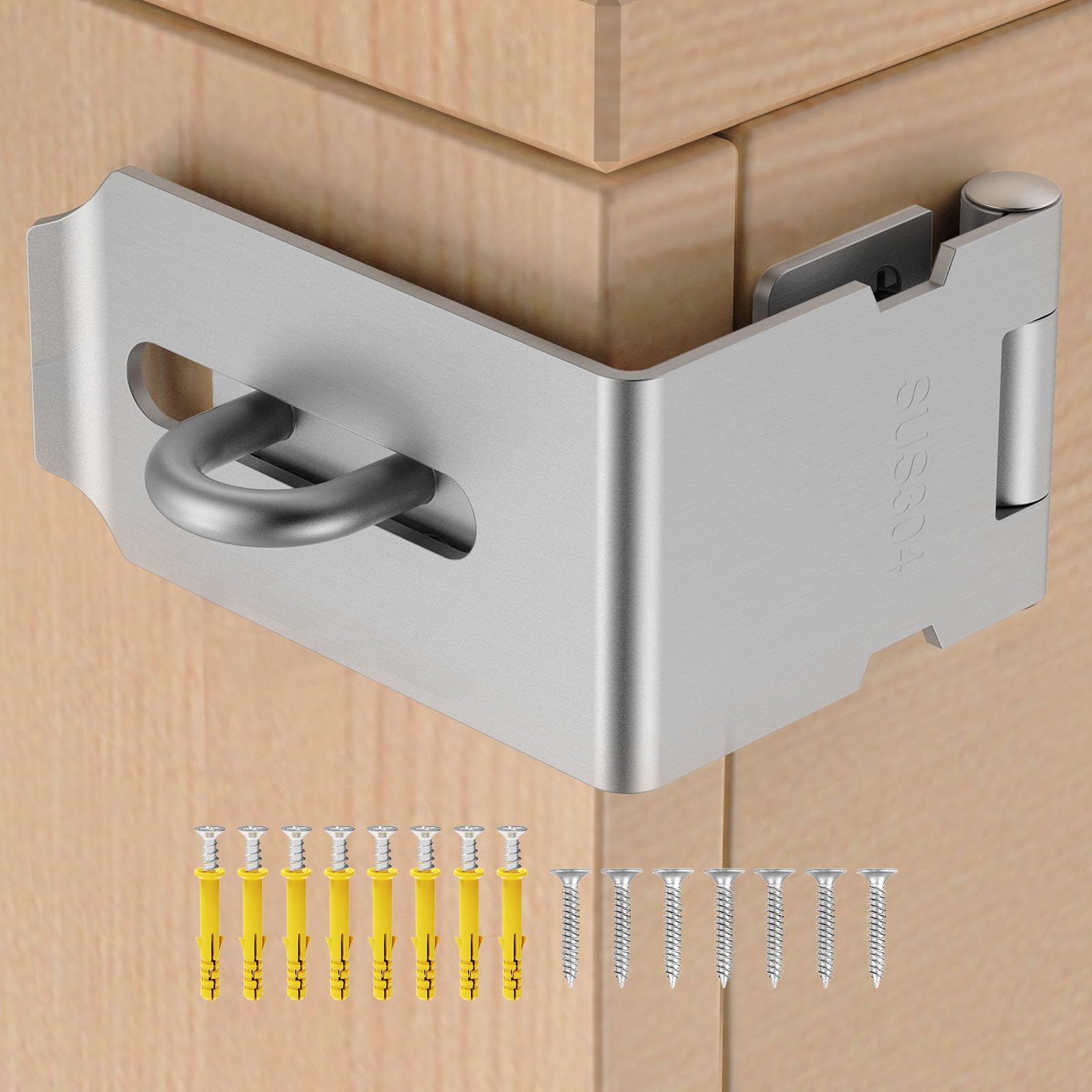 Anobeyi 90 Degree Right Angle Hasp Lock, 304 Stainless Steel Security Cabinet Door Hasp Latch for Padlock, File Cabinet, Mailbox, Cupboard, Drawer, Shed (Silver-1pc)
