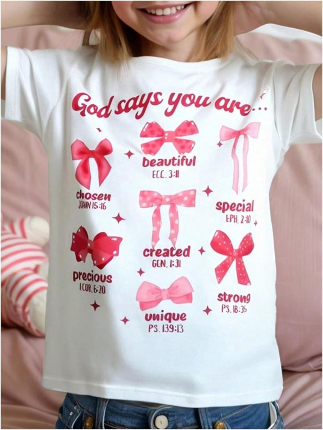 Girl's Bow Shirt Cute Graphic Tees Letter Print Short Sleeve Crew Neck Summer T Shirt - Image 3
