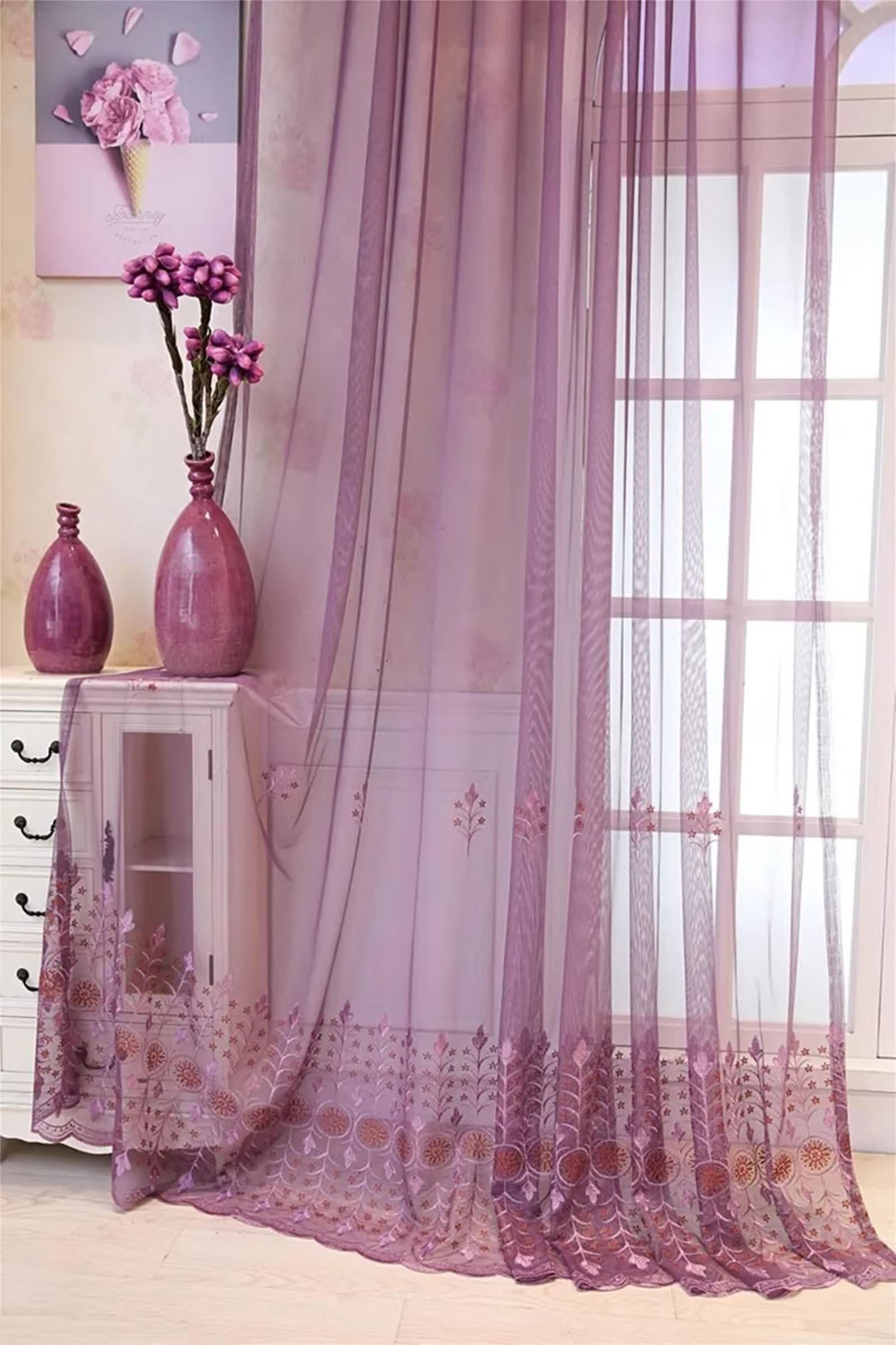 Rideau de Cuisine, Rideau Mariage Motif de Broderie en Dentelle Polyester Violet Foncé Voilage Fenetre 86L x 183H CM Lot de 2