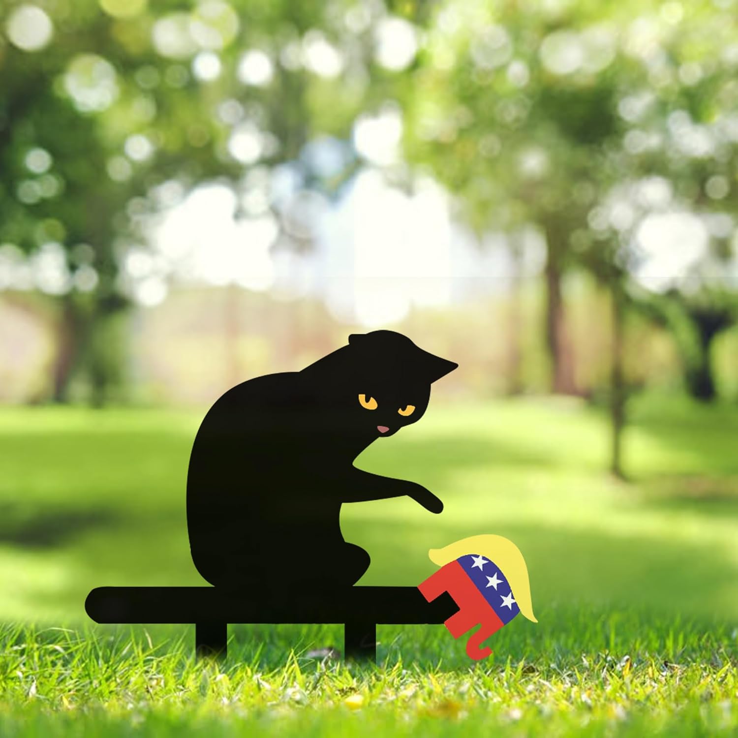 Kamala Harris 2024 Metal Garden Sign with Black Cat Knocking Over MAGA GOP Elephant Sign, Cat Pushing Elephant Off Sign, Election 2024 Sign, Democrat Sign, Halloween Childless Cat Ladies Sign