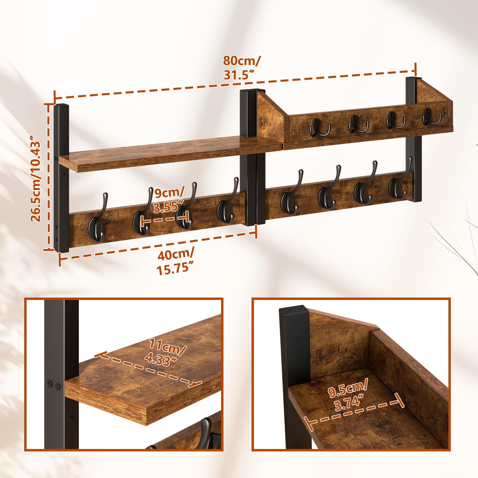 YMYNY 4 in 1 Appendiabiti da Parete con Mensola Design, Attaccapanni da Muro in Legno con 12 Ganci Moderno per Ingresso, Cameretta e Bagno, Marrone Rustico, HWS007H-2