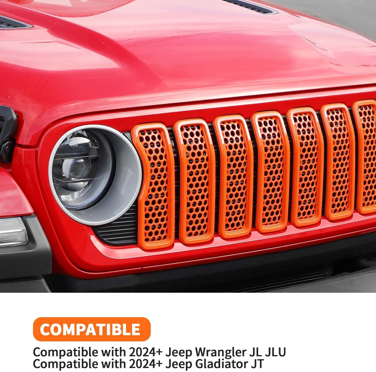 Front Grill Insert Mesh Grille Inserts Cover Kit 7Pcs Compatible with 2024-2025+ Jeep Wrangler JL JLU & Gladiator JT Exterior Accessories (Orange)