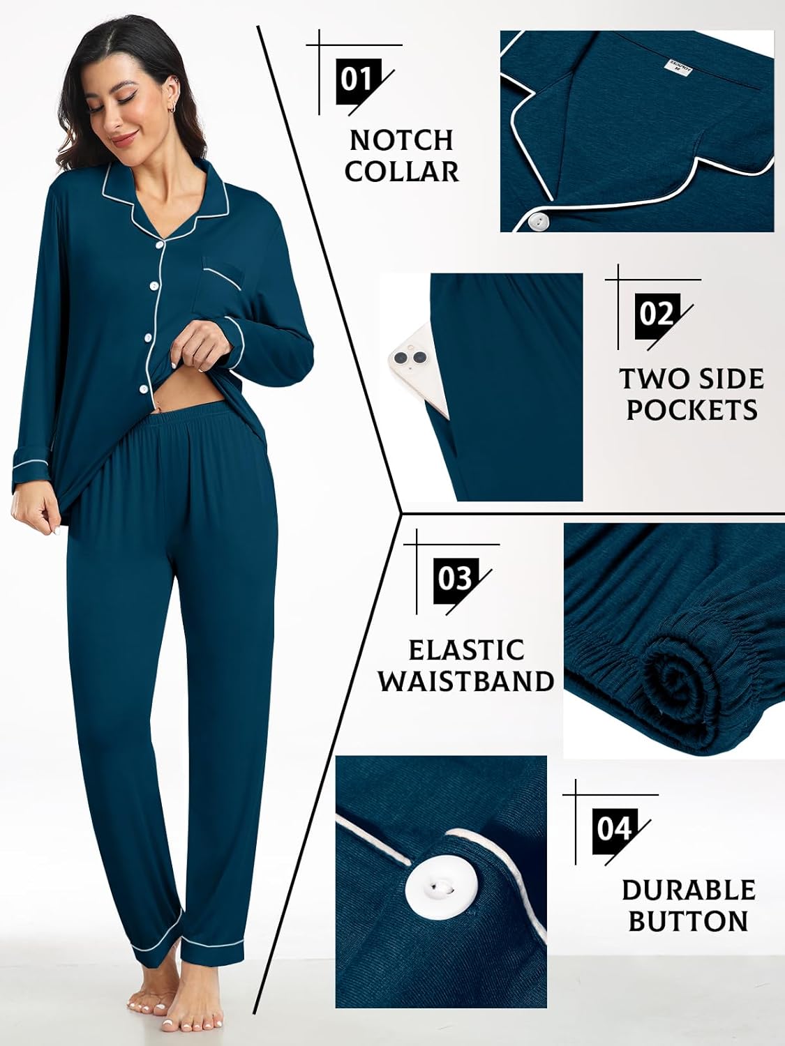 Womens Modal Button Up Pajamas 2 Piece Long Sleeve Comfy Pjs Sleepwear Soft Pajama Lounge Set Loungewear S-3XL - Image 4