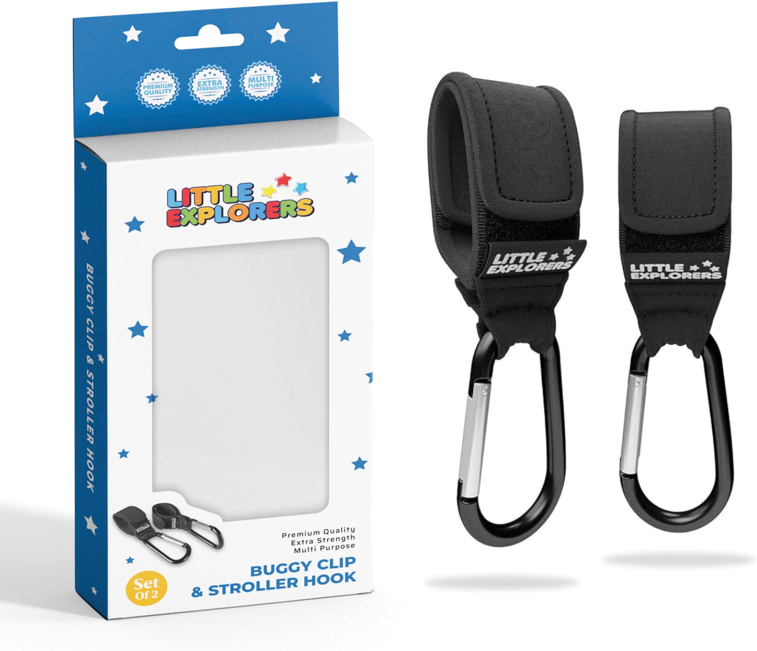 Premium Buggy Clips by Little Explorers | Shopping Bag & Changing Bag Hooks for Pushchairs | Pram & Stroller Organiser Holders | Set of 2 Black Universal Fit Hooks