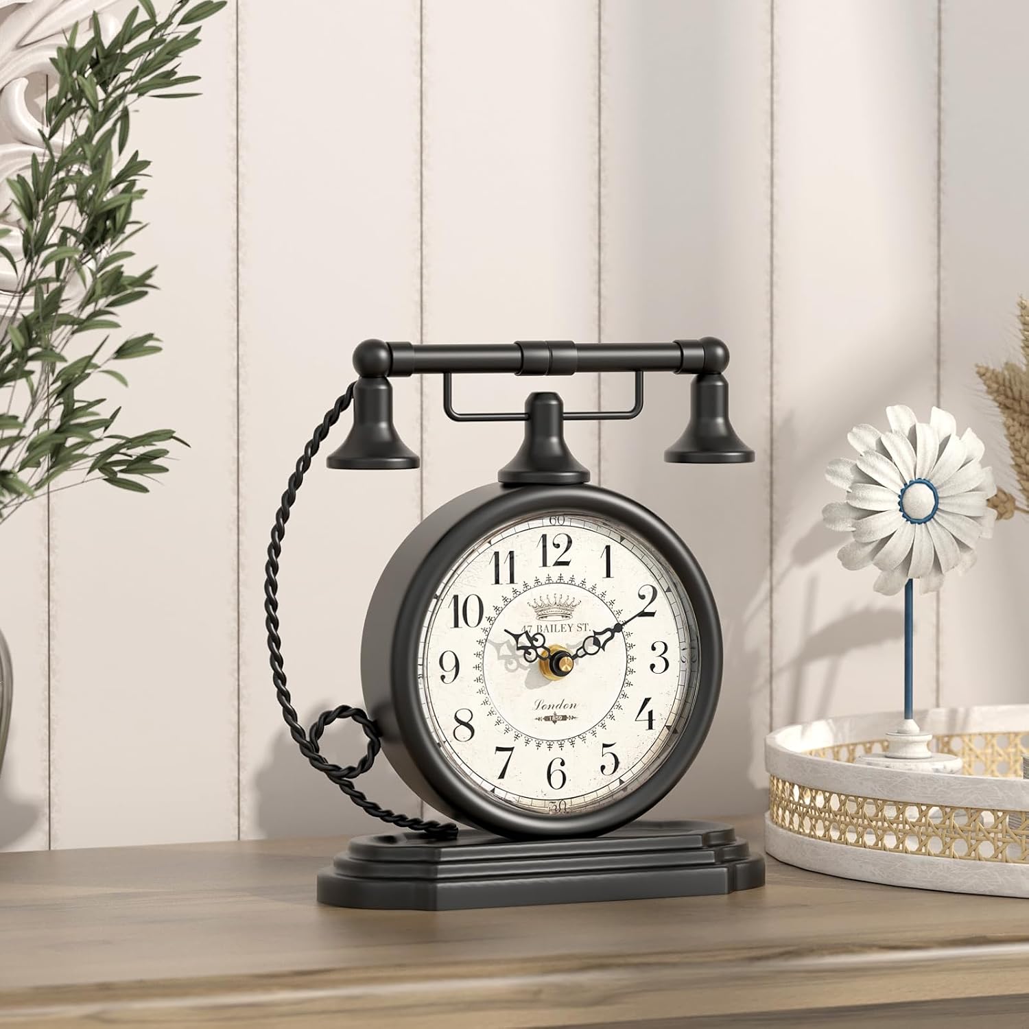 Black Vintage Table Clock, Antique Telephone Style Mantel Clocks, Desk and Shelf Decor Clock, for Living Room, Farmhouse, Bedside, Bedroom, Gift (7.3" H x 7.3" W)