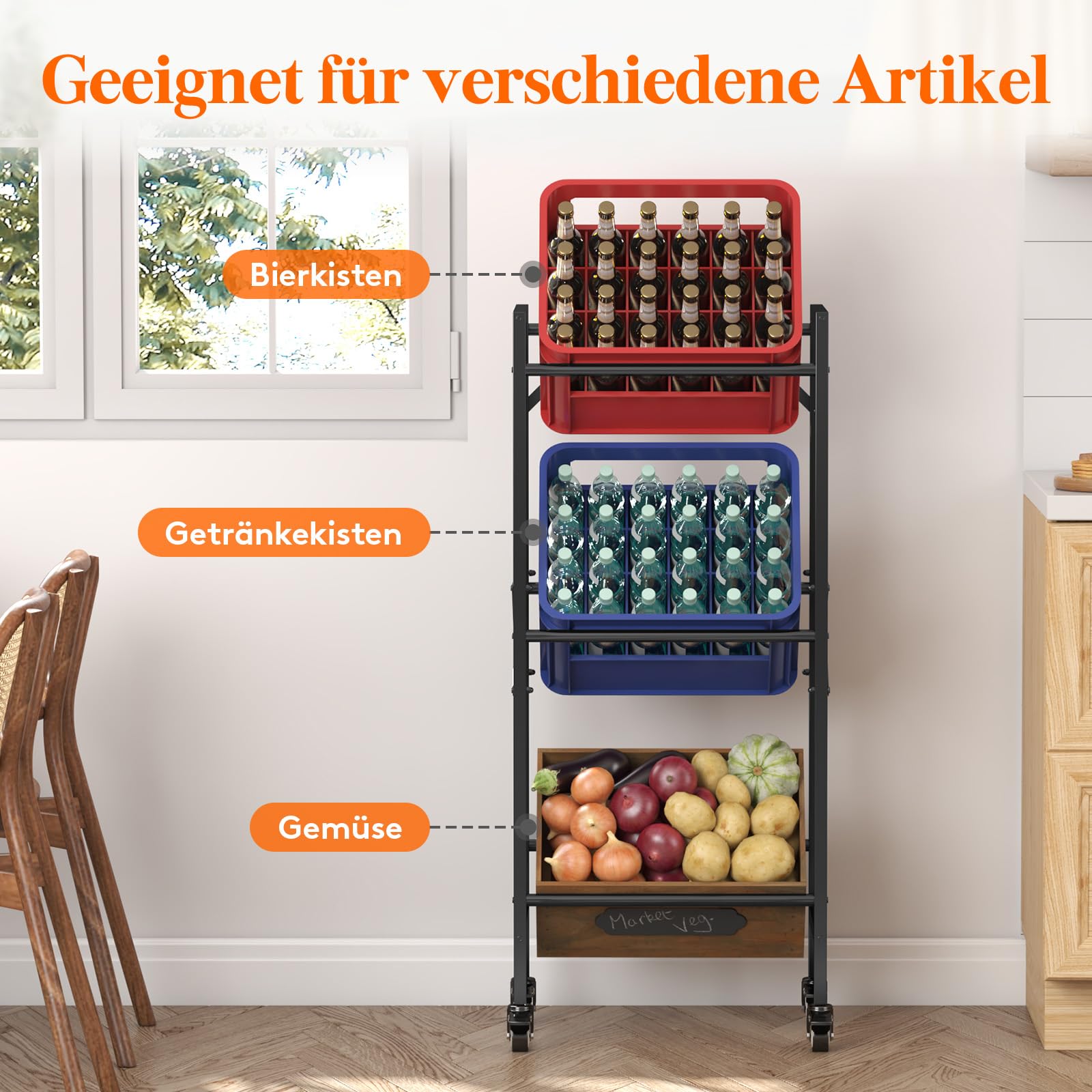 Lifewit Getränkekistenregal 3 Kisten mit Räder, Stabil Kistenregal Metall | trag. 450kg, Bierkisten Regal, Getränkeregal, Wasserkasten Regal, Kastenregal für Bier Getränke Wasser Gemüse Obst