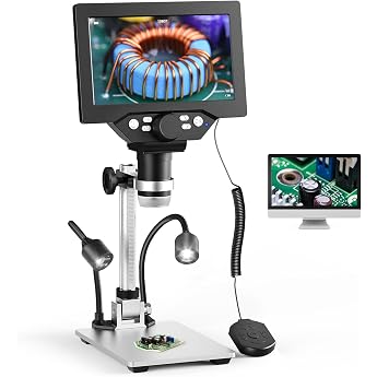 Digital Microscope Couleeur 1200X 1080P Rotating Height Mini Microscope 7 Inch LCD Projection Computer with 2 Adjustable Side Lights and 8 LED Light Beads for Electronic Repair