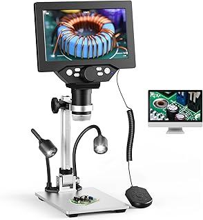 Digital Mikroskop, Couleeur 1200X 1080P Drehbares Höhen Mini Mikroskop, 7 Inch LCD Projektionscomputer mit 2 Einstellbaren Seitenlichtern und 8 LED-Lichtperlen für Elektronische Reparatur